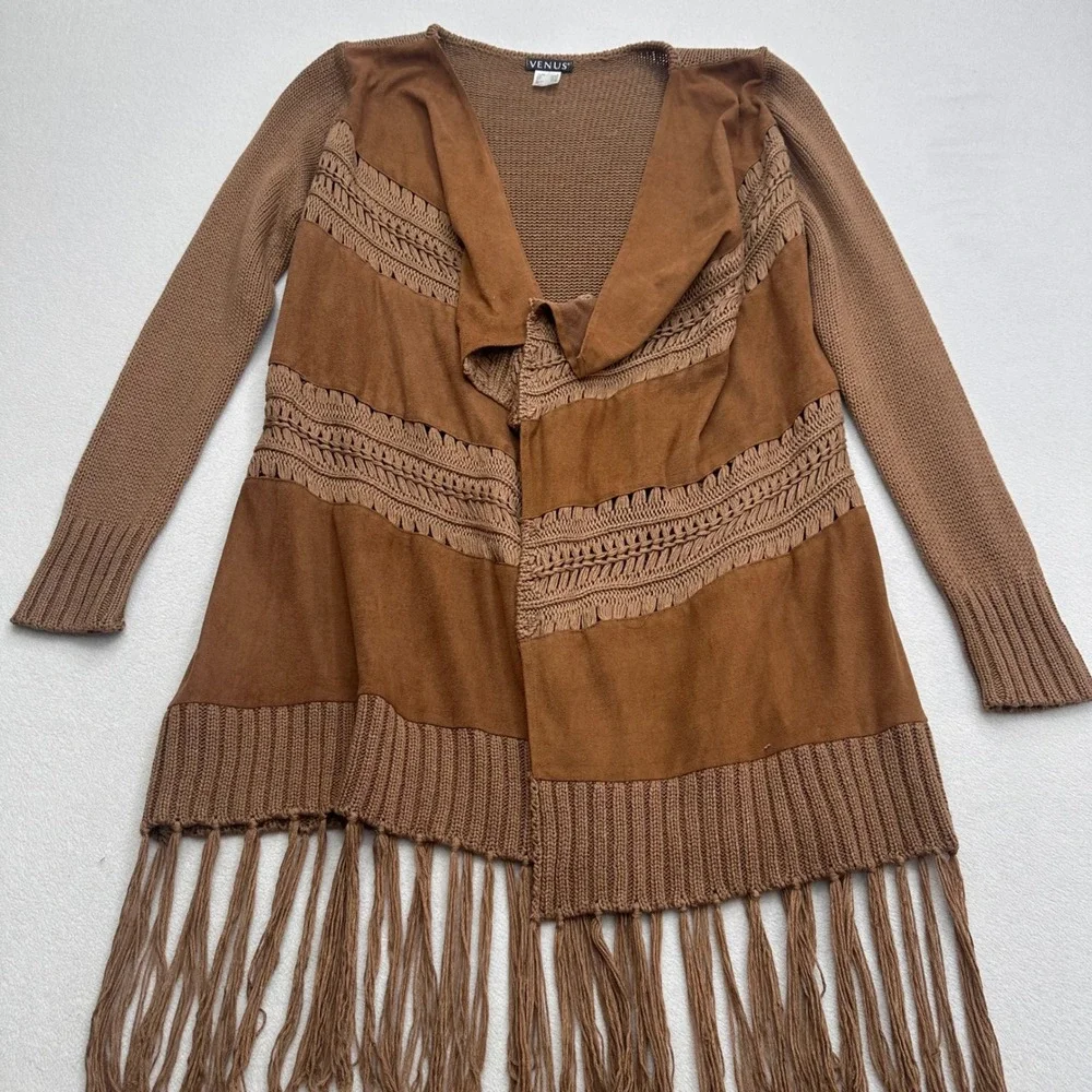 Venus‎ Open Front Cardigan Brown Faux Suede Crochet Fringe Sweater Boho Womens S